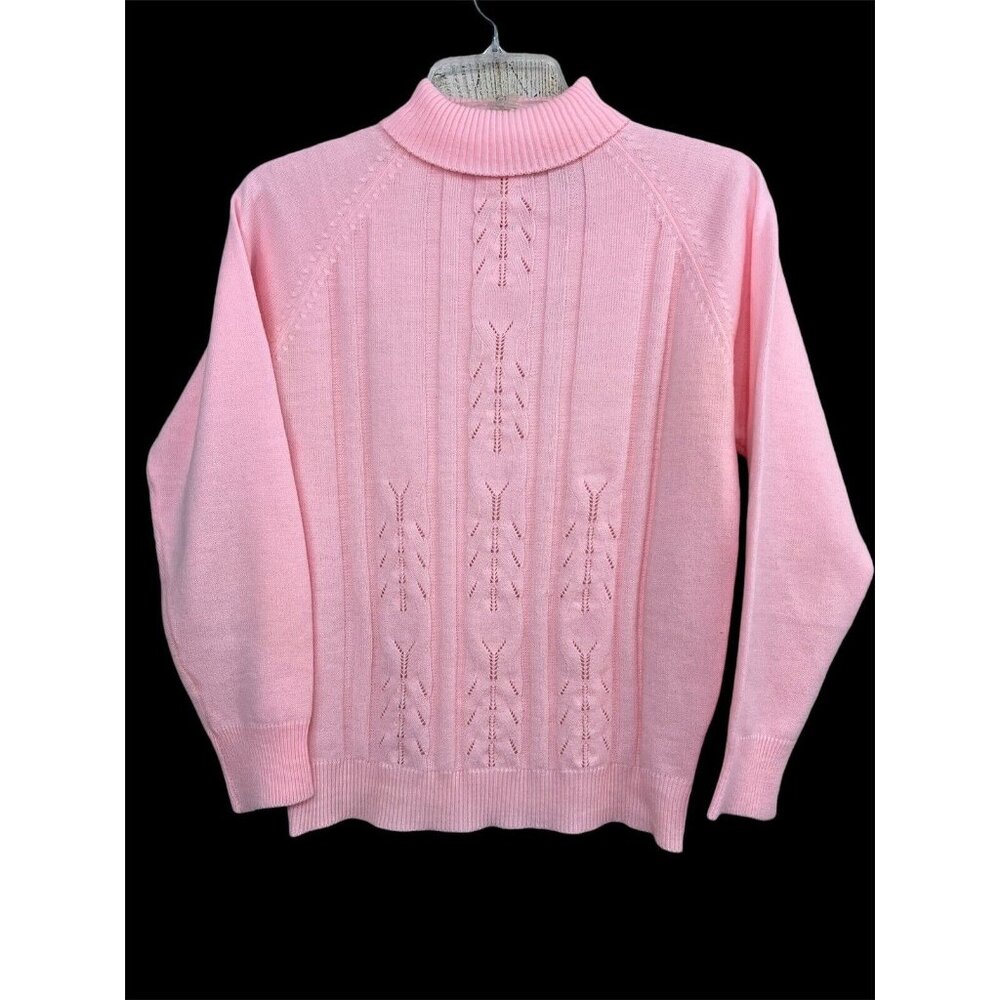 Vtg 60s Women‎ Cable Knit Sweater Sz M Pink Virgin Acrylic Turtleneck Preppy